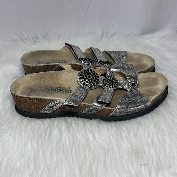 Mephisto Silver Leather Studded Strappy Slide Sandals Sz 39/US 9 - Picture 4 of 7